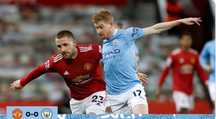 Bek Manchester United, Luke Shaw, berduel dengan gelandang Manchester City, Kevin De Bruyne, dalam laga Liga Inggris di Stadion Old Trafford, Sabtu (12/12/2020).