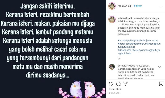 Unggahan <a href='https://kupang.tribunnews.com/tag/rohimah' title='Rohimah'>Rohimah</a> soal istri yang sakit hati