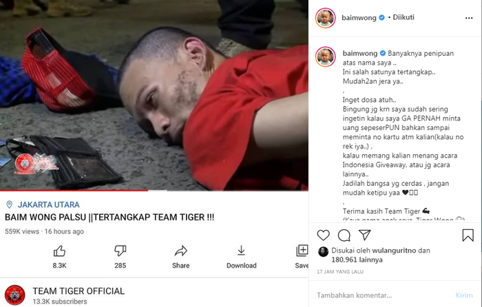 Tanggapan Baim Wong atas penipuan yang mencatut namanya.