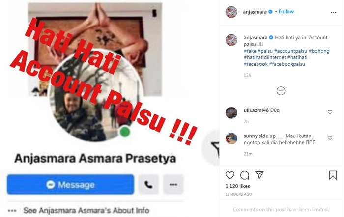 Anjasmara ingatkan netizen untuk berhati-hati terhadap akun palsu yang mengatasnamakan dirinya.IG @anjasmara
