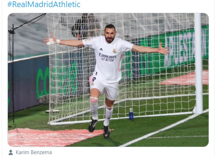 Striker Real Madrid, Karim Benzema, merayakan gol yang ia cetak ke gawang Athletic Bilbao dalam laga pekan ke-19 Liga Spanyol 2020-2021, Rabu (16/12/2020) dini hari WIB.