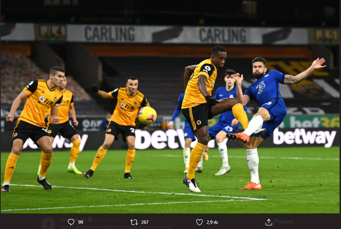 Striker Chelsea, Olivier Giroud, mencetak gol pembuka timnya pada laga  melawan Wolverhampton Wanderers