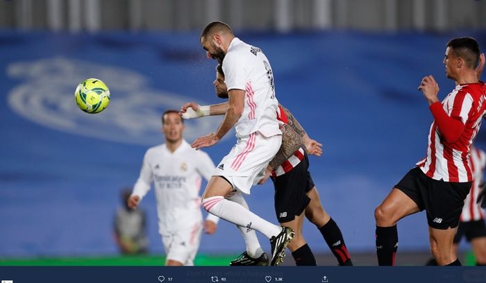 Striker Real Madrid, Karim Benzema, dalam laga kontra Athletic Bilbao pada Selasa (15/12/2020).