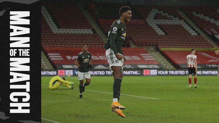 Striker Manchester United, Marcus Rashford, merayakan gol yang dicetak ke gawang Sheffield United dalam laga Liga Inggris di Stadion Bramall Lane, Kamis (17/12/2020).