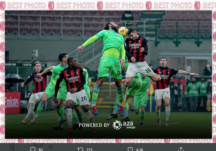 Gol Theo Hernandez pada injury time yang memenangkan AC Milan atas Lazio dengan skor 3-2 di Liga Italia, Rabu (23/12/2020) di San Siro.