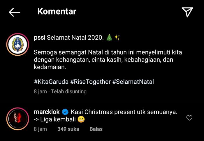 Pemain Persija, Marc Klok, meminta PSSI untuk menggulirkan Liga Indonesia lagi sebagai bentuk kado natal, 25 Desember 2020.