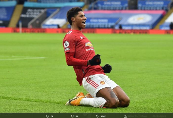 Marcus Rashford merayakan golnya untuk Manchester United ke gawang Leicester City pada pekan kelima belas Liga Inggris 2020-2021, Sabtu (26/12/2020).