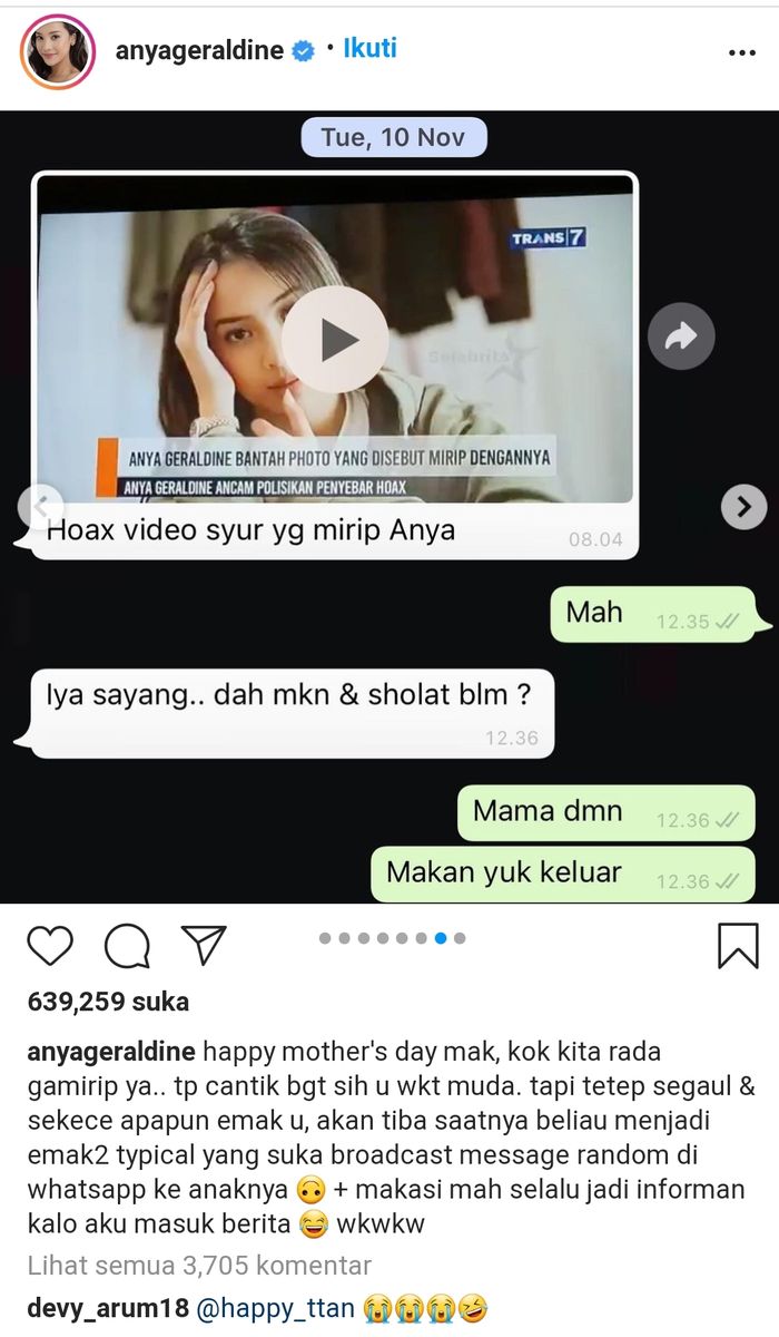 Anya Geraldine juga memosting beberapa isi chat-nya dengan sang mama melalui aplikasi pesan singkat.