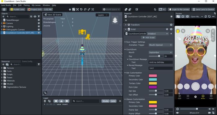 Tampilan Lens Studio dengan template countdown.