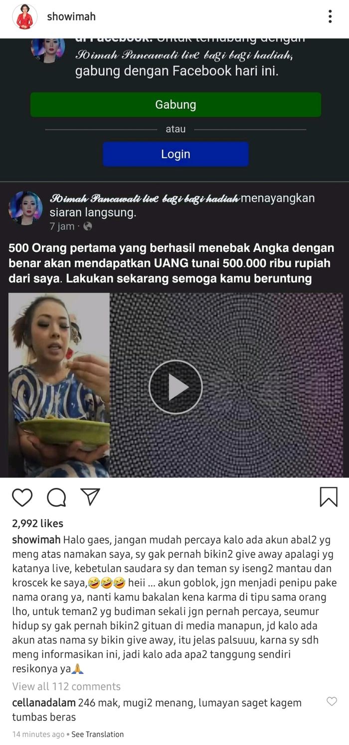 Soimah ingatkan netizen untuk tidak percaya akun abal-abal yang mencatut namanya untuk giveaway.