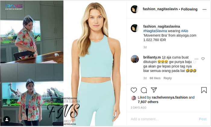 Pakai tanktop seharga sejuta rupiah, Nagita Slavina banjir komentar netizen.