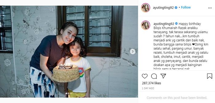 Unggahan <a href='https://kupang.tribunnews.com/tag/ayu-ting-ting' title='Ayu Ting Ting'>Ayu Ting Ting</a> di hari ulang tahun Bilqis ke-7