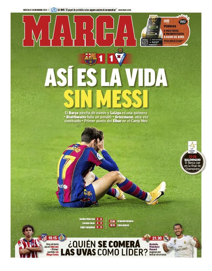 Portal berita sepak bola tersohor Spanyol, Marca menyoroti kegagalan Barcelona meraih kemenangan atas Eibar tanpa adanya Lionel Messi.