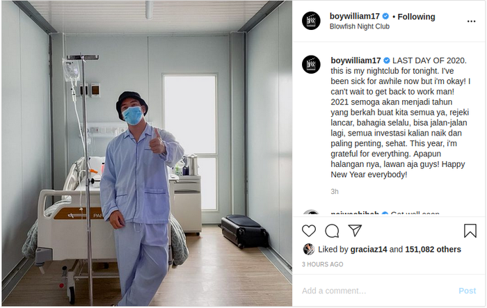 Tunjukkan kondisi terkininya yang merayakan tahun baru di Rumah sakit, Boy William banjir komentar dukungan dari deretan public figure