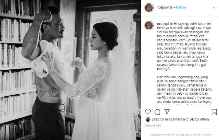 Nora Alexandra bagikan curhatan sendu saat tak bisa merayakan pergantian tahun dengan suami tercintanya, <a href='https://jambi.tribunnews.com/tag/jerinx' title='Jerinx'>Jerinx</a> SID.