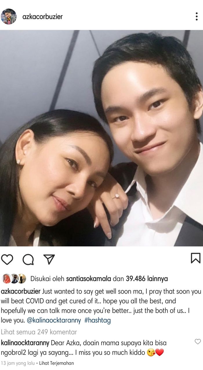 Kabar Kalina Ocktaranny positif covid-19 dibagikan oleh sang putra, Azka Corbuzier, melalui unggahan di Instagram.Instagram @azkacorbuzier