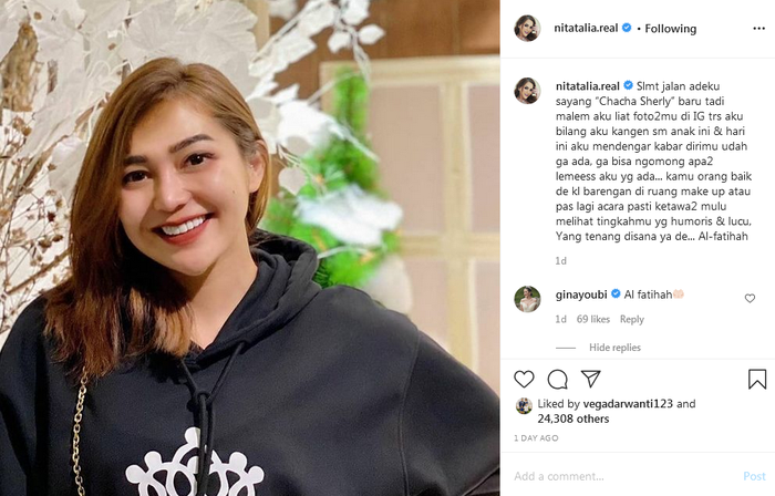 Nita Thalia bersedih atas meninggalnya <a href='https://palembang.tribunnews.com/tag/chacha-sherly' title='Chacha Sherly'>Chacha Sherly</a>