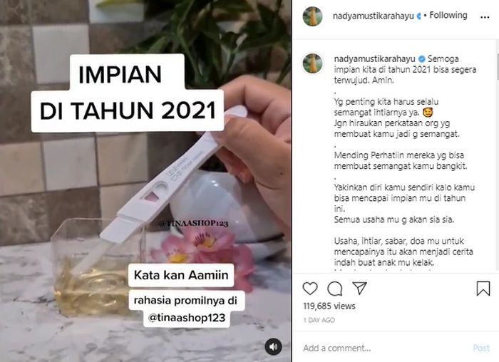 Unggahan <a href='https://palembang.tribunnews.com/tag/nadya' title='Nadya'>Nadya</a> Mustika, Juamt (8/1/2021).