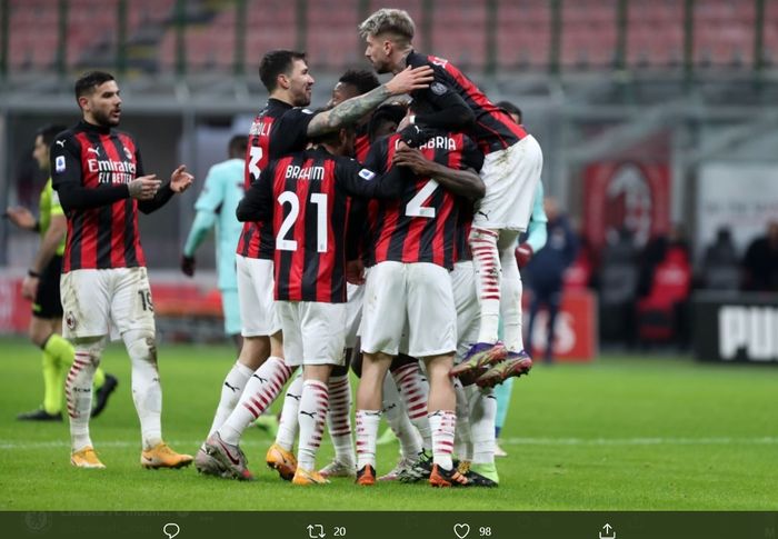 AC Milan sukses meraup tiga poin penuh usai menang 2-0 atas Torino di San Siro, Minggu (10/1/2021) dini hari WIB.