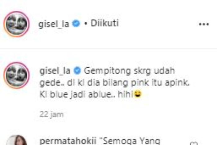 Unggahan <a href='https://palembang.tribunnews.com/tag/gisel' title='Gisel'>Gisel</a> di Instagram