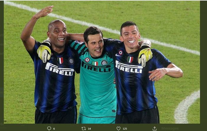 Maicon (kiri) bersama rekan senegaranya asal Brasil yang memperkuat Inter Milan, Julio Cesar dan Lucio.