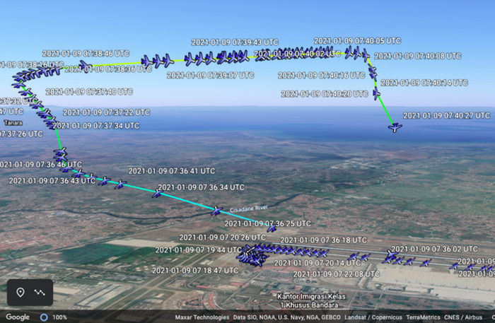 Rute penerbangan SJ182 yang ditampilkan secara 3D di Google Earth.