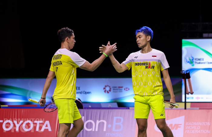 Pasangan ganda putra Indonesia, Fajar Alfian/Muhammad Rian Ardianto, saat tampil pada ajang Thailand Open I 2021 di Impact Arena, Bangkok, Selasa (12/1/2021).