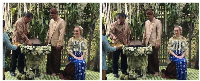 Tampilan Bambang Trihatmodjo kala menjalani prosesi siraman nujuh bulan Varsha Strauss dan Panji Trihatmodjo, tanpa Mayangsari