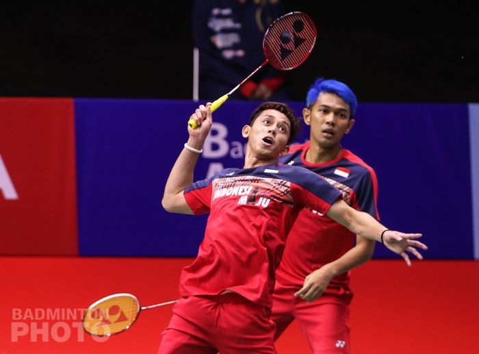 Pasangan ganda putra Indonesia, Fajar Alfian/Muhammad Rian Ardianto, saat menjalani laga babak kedua Thailand Open I  2021 di Impact Arena, Bangkok, Thailand, Kamis (14/1/2021).