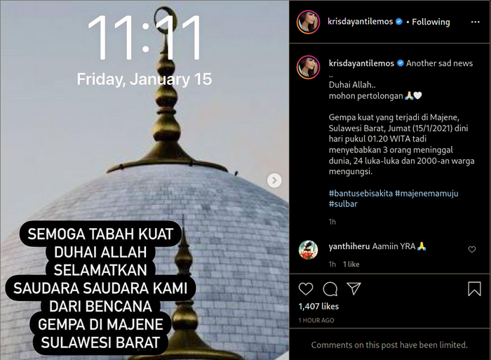 Ikut tunjukan rasa simpati atas bencana gempa bumi di Majene, Sulawesi Barat, Krisdyanti langsung unggah doa untuk para korban.