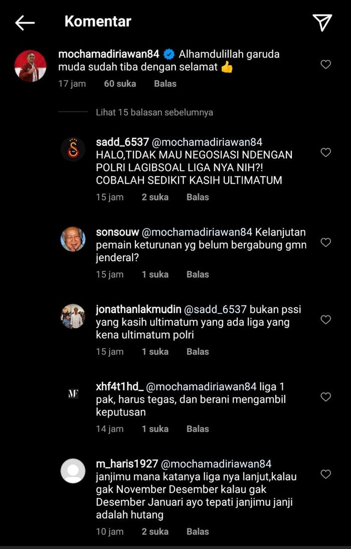 Tidak sedikit warganet yang menyerang Ketua Umum PSSI, Mochamad Iriawan, dengan pertanyaan kelanjutan kompetisi Liga Indonesia di Instagram PSSI, 15 Januari 2021