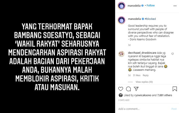 Kritik dari Manohara Odelia untuk Bambang Soesatyo