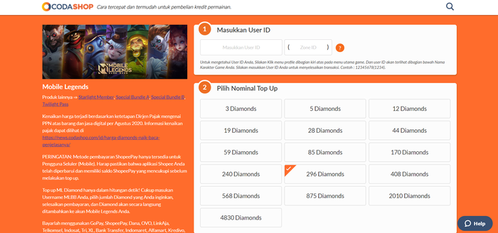 MLBB Diamond purchase page on Codashop