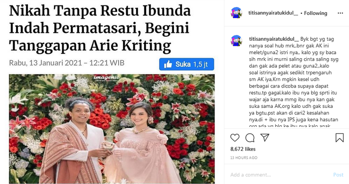 Paranormal Titisan Nyai Ratu Kidul menerawang <a href='https://palembang.tribunnews.com/tag/arie-kriting' title='Arie Kriting'>Arie Kriting</a> dan <a href='https://palembang.tribunnews.com/tag/indah-permatasari' title='Indah Permatasari'>Indah Permatasari</a>