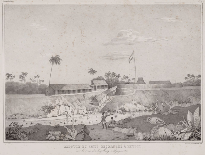 Lukisan bertajuk Redoute et camp retranche a Tempel. Benteng-medan yang berlokasi di antara jalur Yogyakarta dan Magelang. Karya François Vincent Henri Antoine de Stuers, sekitar 1825-1830. 