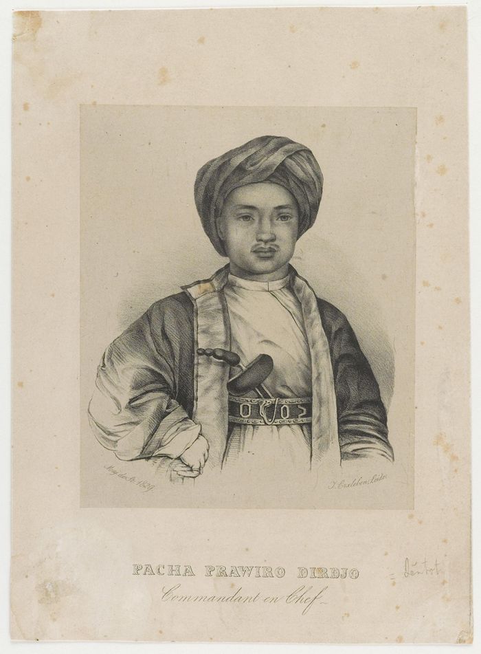 Lukisan bertajuk Pacha Prawiro Dirdjo, commandant en chef oleh François Vincent Henri Antoine de Stuers, sekitar 1840.