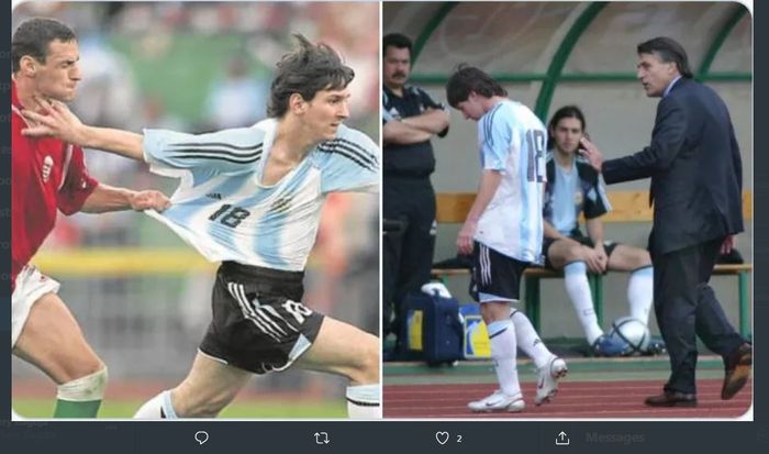 Lionel Messi kena kartu merah dalam laga timnas Argentina lawan Hungaria, 17 Agustus 2005.