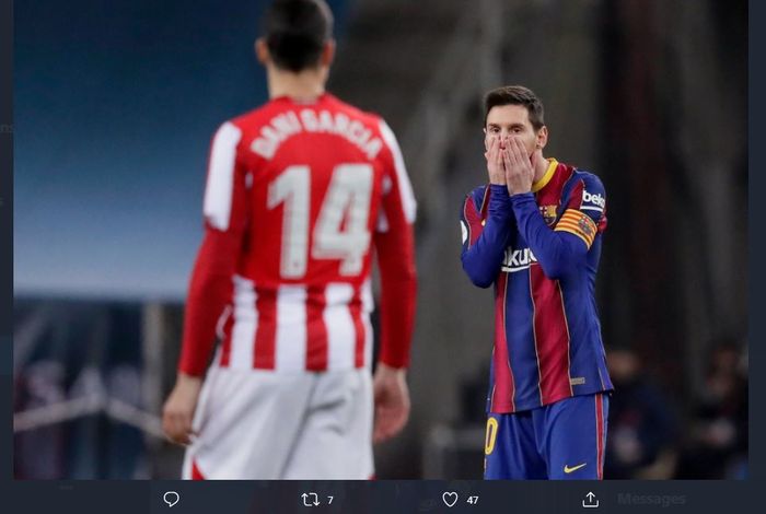 Lionel Messi kena kartu merah dalam partai final Piala Super Spanyol antara Barcelona vs Athletic Bilbao, 17 Januari 2021.