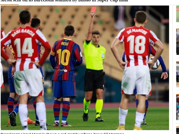 Messi ketika diganjar kartu merah pada pertandingan melawan Athletic Bilbao, Senin (18/1/2021) dini hari WIB.