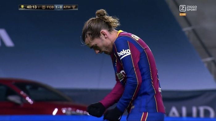 Antoine Griezman usai mencetak go ke gawang Athletic Bilbao pada laga final Piala Super Spanyok, Minggu (17/1/2021).