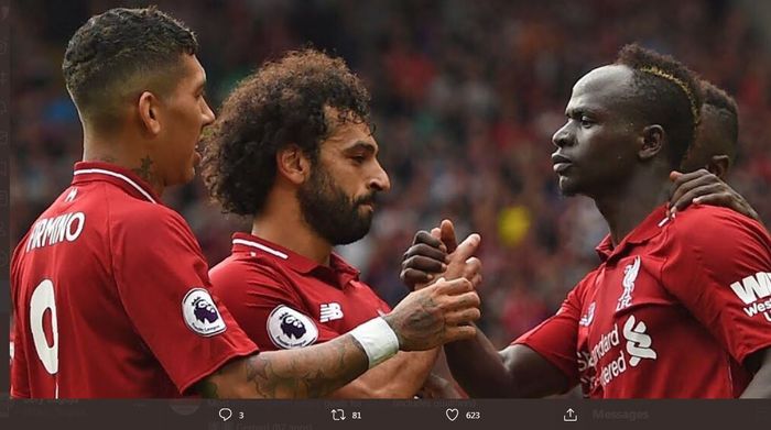 Trio penyerang Liverpool (dari kiri ke kanan): Roberto Firmino, Mohamed Salah, Sadio Mane.