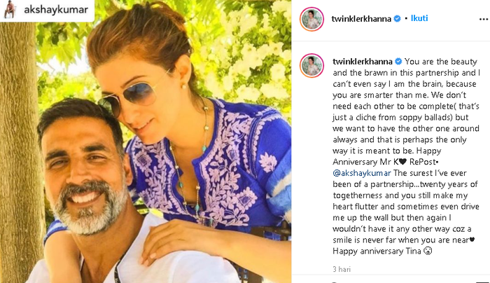 Pesan cinta Akshay Kumar untuk Twinkle di hari ulang tahun pernikahan mereka.