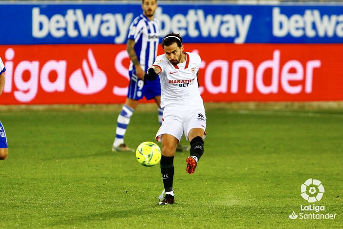 Pemain sayap Sevilla, Suso, mencetak gol ke gawang Deportivo Alaves dalam laga pekan ke-19 Liga Spanyol di&nbsp;Estadio de Mendizorroza, Rabu (20/1/2021) dini hari WIB.&nbsp;