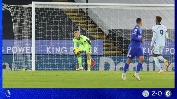 Kasper Schmeichel saat Leicester City menghajar Chelsea 2-0 di King Power Stadium dalam laga pekan ke-19 Liga Inggris, Selasa (19/1/2021) atau Rabu dini hari WIB.