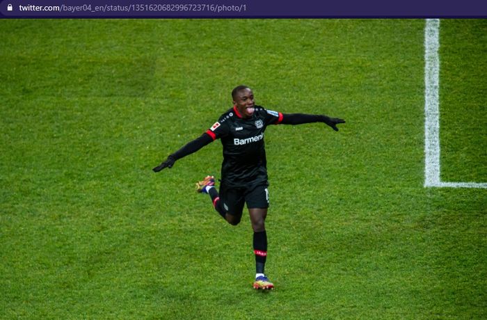 Pemain Bayer Leverkusen, Moussa Diaby, merayakan gol ke gawang Borussia Dortmund dalam pekan ketujuh belas Bundesliga 2020-2021 Rabu (20/1/2021)&nbsp;pukul 02.30 WIB di BayArena.&nbsp;