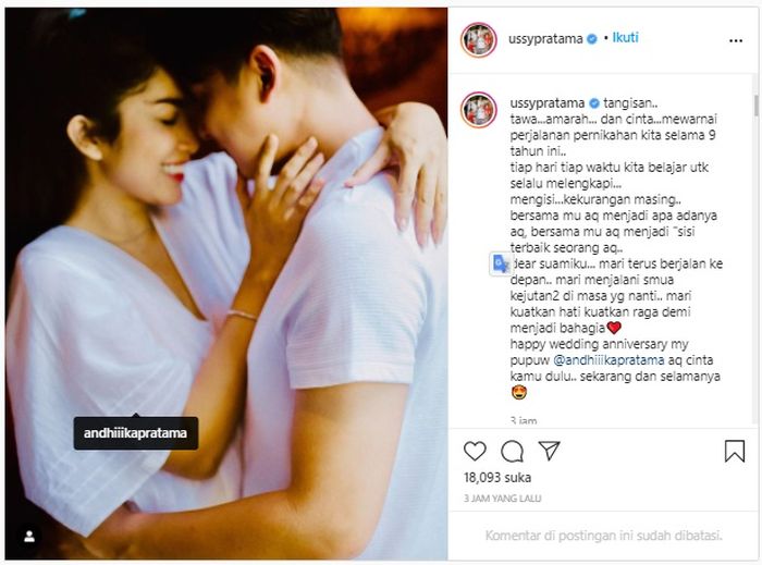 Ungkapan hati Ussy Sulistiawaty di hari anniversary pernikahannya dengan Andhika Pratama.