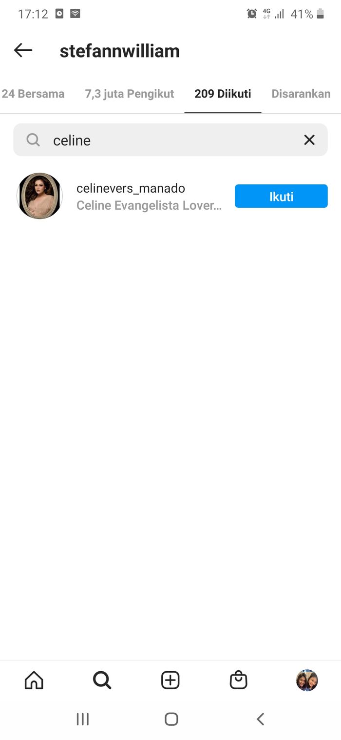 Celine Evangelista sudah tidak ada di dalam daftar akun yang diikuti oleh Stefan William.