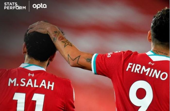 Striker Liverpool, Roberto Firmino, memegang kepala Mohamed Salah.