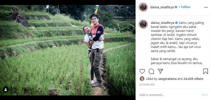 Darius Sinathrya memberikan semangat dan doa untuk kesembuhan Donna Agnesia.Instagram @darius_sinathrya
