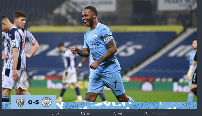 Raheem Sterling mencetak gol saat Manchester City membantai West Brom di The Hawthorns, 26 Januari 2021.